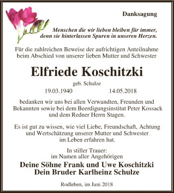 Traueranzeige von Elfriede Koschitzki von WVG - Wochenspiegel Dessau / Köthen