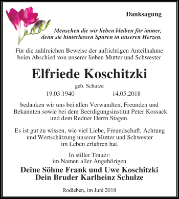 Traueranzeige von Elfriede Koschitzki von Mitteldeutsche Zeitung Dessau-Roßlau