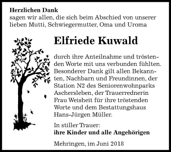 Traueranzeige von Elfriede Kuwald von Mitteldeutsche Zeitung Aschersleben