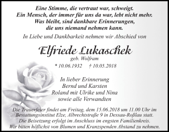 Traueranzeige von Elfriede Lukaschek von Mitteldeutsche Zeitung Dessau-Roßlau