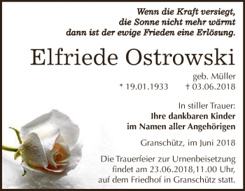 Traueranzeige von Elfriede Ostrowski von WVG - Wochenspiegel NMB / WSF / ZTZ