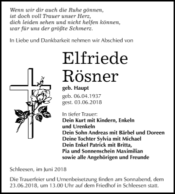 Traueranzeige von Elfriede Rösner von Mitteldeutsche Zeitung