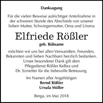 Traueranzeige von Elfriede Rößler von Mitteldeutsche Zeitung Sangerhausen