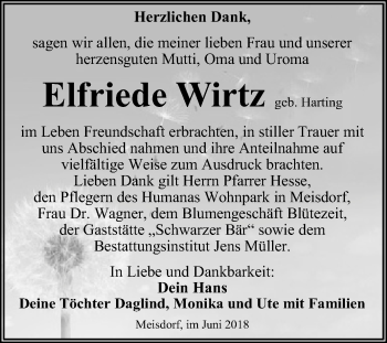 Traueranzeige von Elfriede Wirtz von Mitteldeutsche Zeitung Quedlinburg