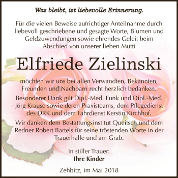 Traueranzeige von Elfriede Zielinski von WVG - Wochenspiegel Dessau / Köthen