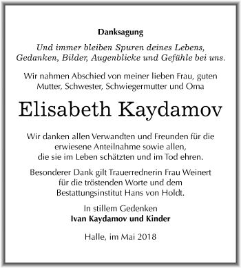 Traueranzeige von Elisabeth Kaydamov von Mitteldeutsche Zeitung Halle/Saalkreis