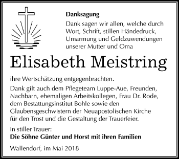 Traueranzeige von Elisabeth Meistring von Mitteldeutsche Zeitung Merseburg/Querfurt