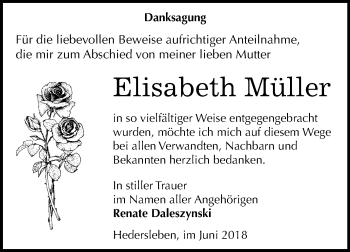 Traueranzeige von Elisabeth Müller von Mitteldeutsche Zeitung Quedlinburg