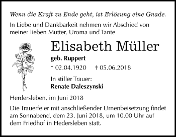 Traueranzeige von Elisabeth Müller von Mitteldeutsche Zeitung Quedlinburg