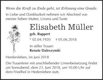 Traueranzeige von Elisabeth Müller von WVG - Wochenspiegel Quedlinburg