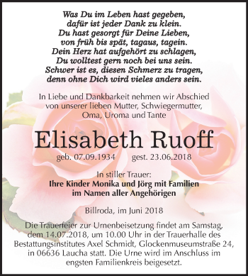 Traueranzeige von Elisabeth Ruoff von Mitteldeutsche Zeitung