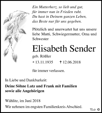 Traueranzeige von Elisabeth Sender von Mitteldeutsche Zeitung Weißenfels