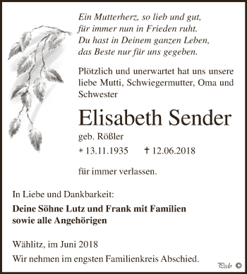 Traueranzeige von Elisabeth Sender von WVG - Wochenspiegel NMB / WSF / ZTZ