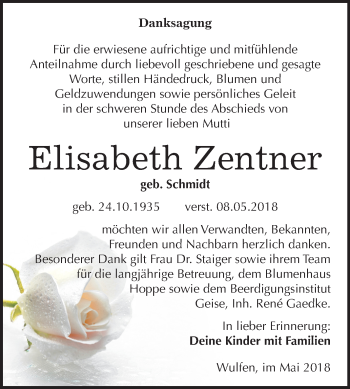 Traueranzeige von Elisabeth Zentner von Mitteldeutsche Zeitung Köthen
