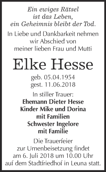 Traueranzeige von Elke Hesse von WVG - Wochenspiegel Merseburg