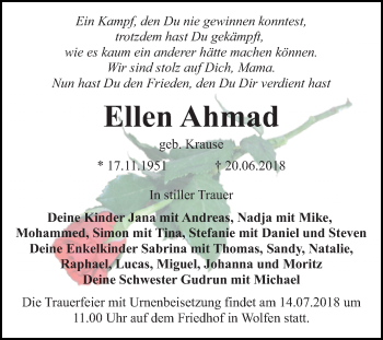 Traueranzeige von Ellen Ahmad von Mitteldeutsche Zeitung Bitterfeld