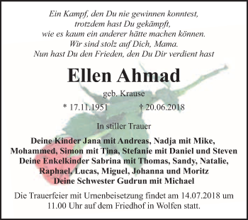 Traueranzeige von Ellen Ahmad von WVG - Wochenspiegel Bitterfeld