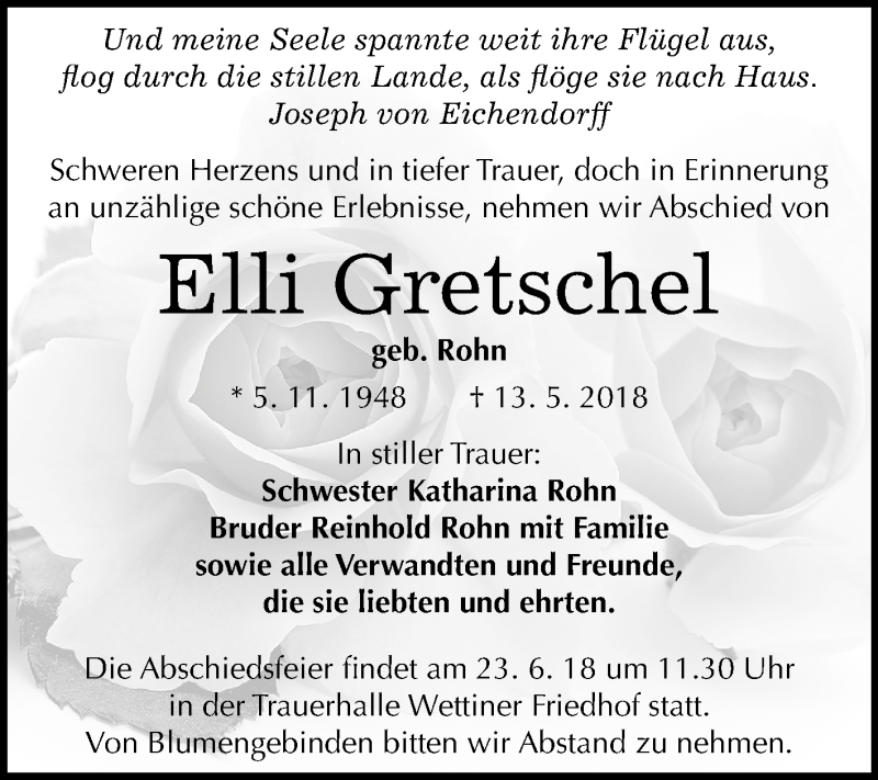  Traueranzeige für Elli Gretschel vom 09.06.2018 aus Mitteldeutsche Zeitung Halle/Saalkreis