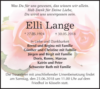 Traueranzeige von Elli Lange von Mitteldeutsche Zeitung Halle/Saalkreis