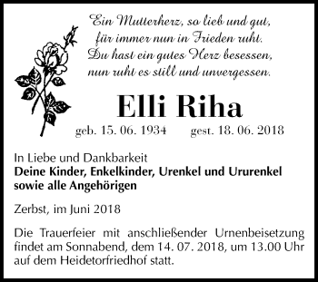 Traueranzeige von Elli Riha von Mitteldeutsche Zeitung Dessau-Roßlau