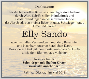 Traueranzeige von Elly Sando von Mitteldeutsche Zeitung Merseburg/Querfurt