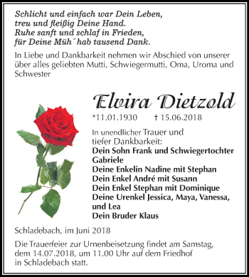 Traueranzeige von Elvira Dietzedd von Mitteldeutsche Zeitung Merseburg/Querfurt