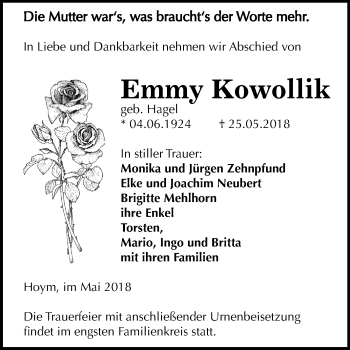 Traueranzeige von Emmy Kowollik von Mitteldeutsche Zeitung Aschersleben