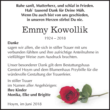 Traueranzeige von Emmy Kowollik von Mitteldeutsche Zeitung Aschersleben