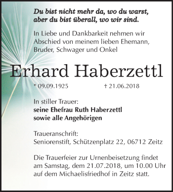 Traueranzeige von Erhard Haberzettl von Mitteldeutsche Zeitung Zeitz