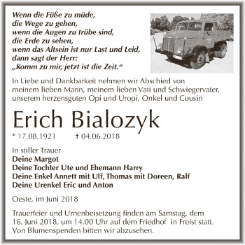 Traueranzeige von Erich Bialozyk von Wochenspiegel Mansfelder Land