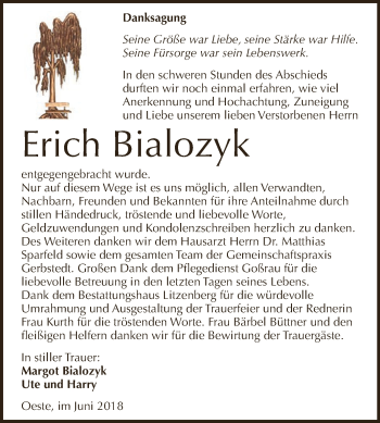 Traueranzeige von Erich Bialozyk von Wochenspiegel Mansfelder Land