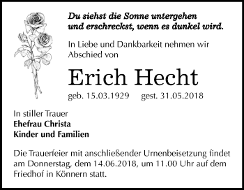 Traueranzeige von Erich Hecht von Mitteldeutsche Zeitung Bernburg