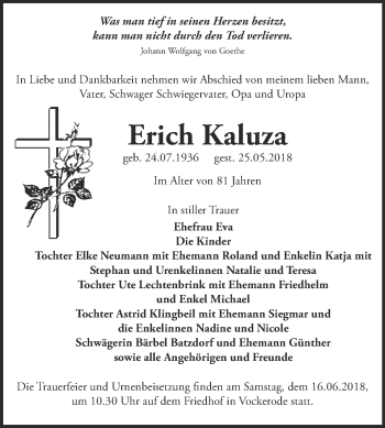 Traueranzeige von Erich Kaluza von Super Sonntag Wittenberg