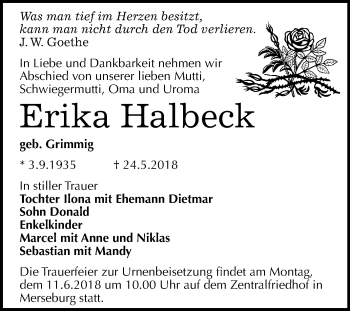 Traueranzeige von Erika Halbeck von Mitteldeutsche Zeitung Merseburg/Querfurt