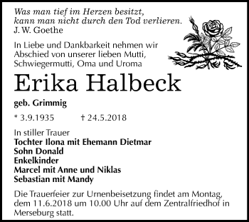 Traueranzeige von Erika Halbeck von WVG - Wochenspiegel Merseburg