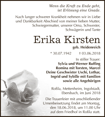 Traueranzeige von Erika Kirsten von Super Sonntag SGH Mansf. Land