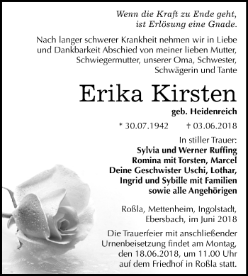 Traueranzeige von Erika Kirsten von Mitteldeutsche Zeitung Sangerhausen