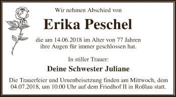 Traueranzeige von Erika Peschel von WVG - Wochenspiegel Dessau / Köthen