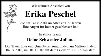 Traueranzeige von Erika Peschel von Mitteldeutsche Zeitung Dessau-Roßlau