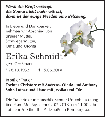 Traueranzeige von Erika Schmidt von Mitteldeutsche Zeitung Bernburg