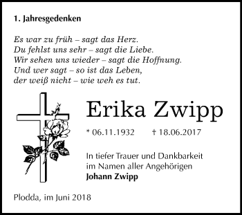 Traueranzeige von Erika Zwipp von WVG - Wochenspiegel Bitterfeld