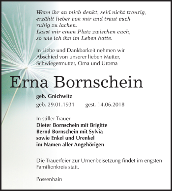 Traueranzeige von Erna Bornschein von Mitteldeutsche Zeitung