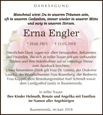 Traueranzeige von Erna Engler von WVG - Wochenspiegel NMB / WSF / ZTZ