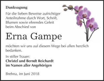 Traueranzeige von Erna Gampe von WVG - Wochenspiegel Bitterfeld