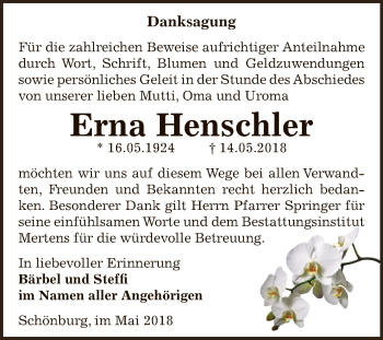 Traueranzeige von Erna Henschler von WVG - Wochenspiegel NMB / WSF / ZTZ