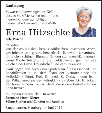 Traueranzeige von Erna Hitzschke von Mitteldeutsche Zeitung