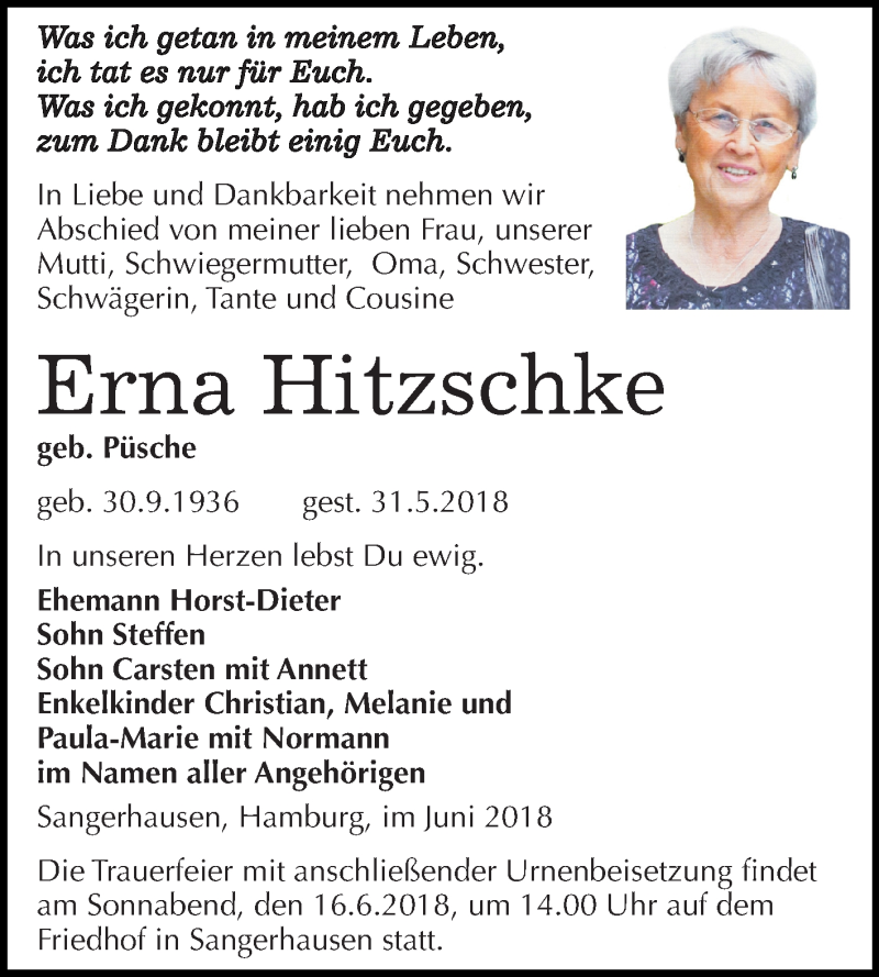  Traueranzeige für Erna Hitzschke vom 09.06.2018 aus Mitteldeutsche Zeitung