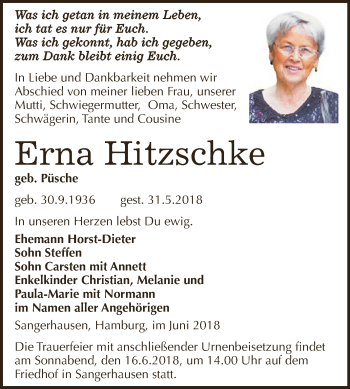 Traueranzeige von Erna Hitzschke von Super Sonntag SGH Mansf. Land