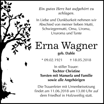 Traueranzeige von Erna Wagner von Mitteldeutsche Zeitung Bitterfeld