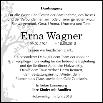 Traueranzeige von Erna Wagner von Mitteldeutsche Zeitung Bitterfeld
